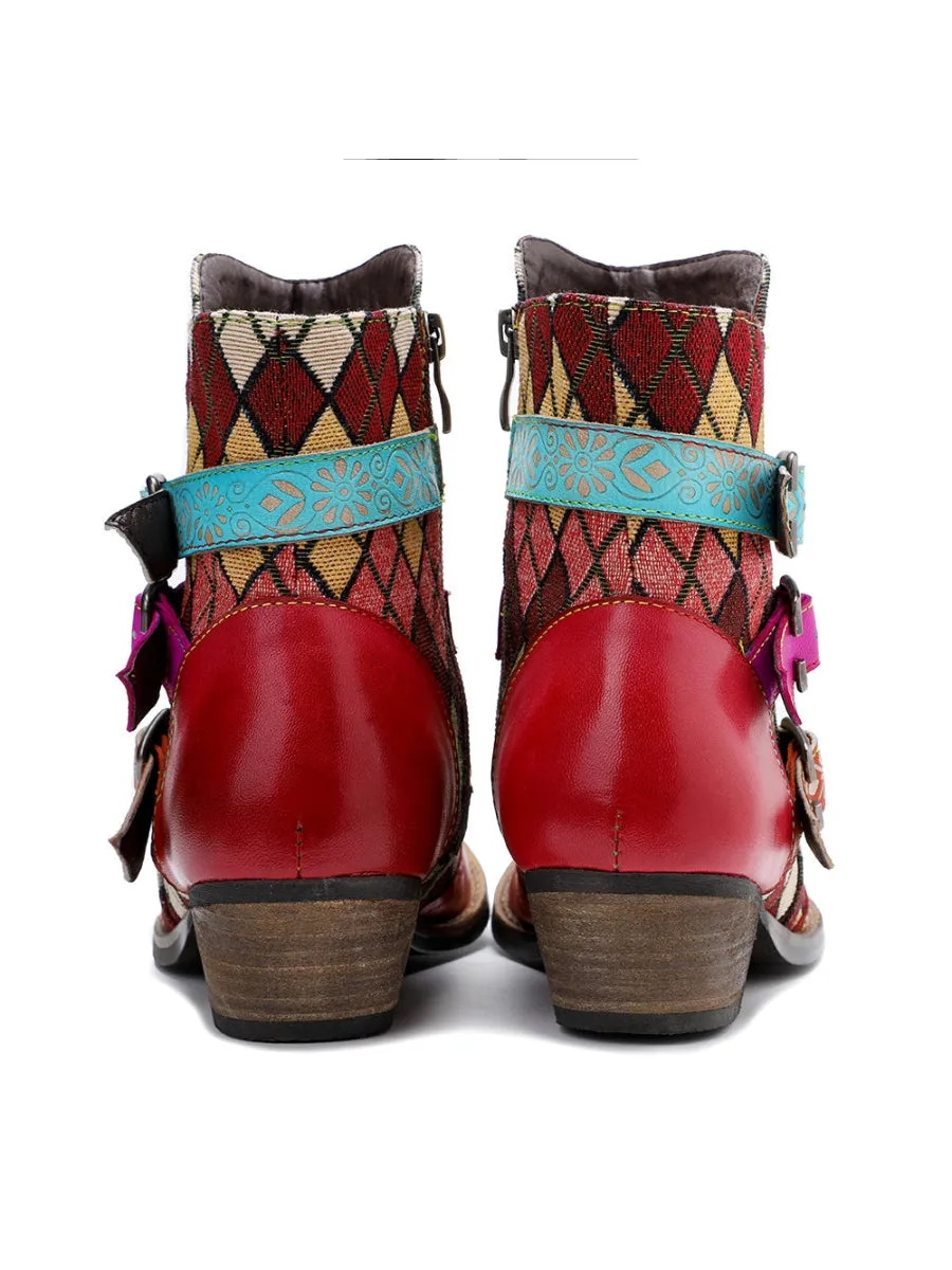 Genuine Leather Bohemian Diamond Block Colorful Printed Leather Moto Ankleboots