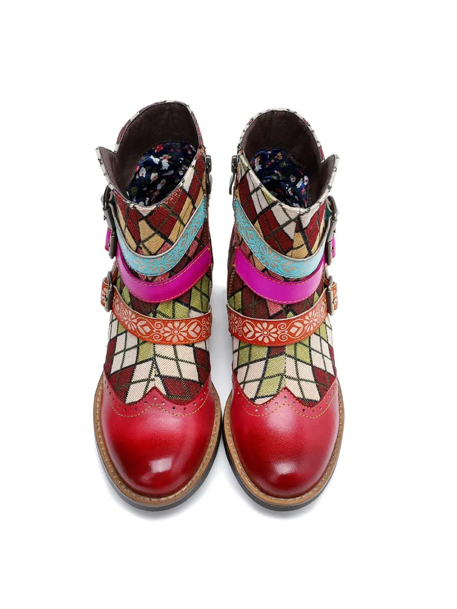 Genuine Leather Bohemian Diamond Block Colorful Printed Leather Moto Ankleboots