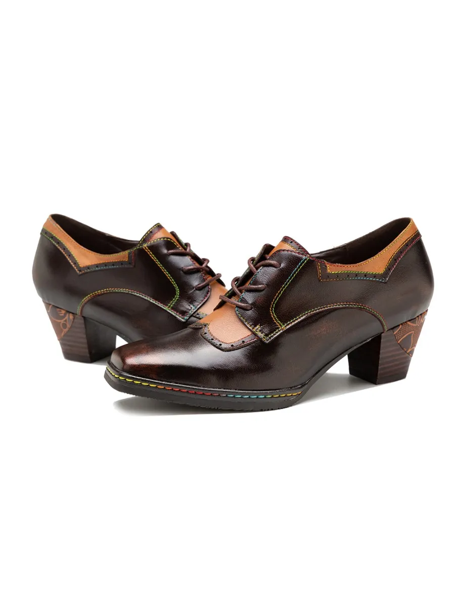 Genuine Leather Embossed Block Brogue-Detail Heel Oxford Shoes