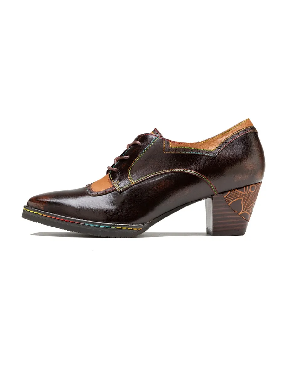 Genuine Leather Embossed Block Brogue-Detail Heel Oxford Shoes