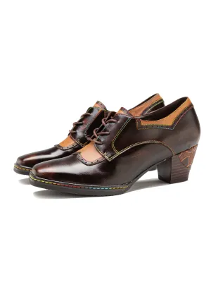 Genuine Leather Embossed Block Brogue-Detail Heel Oxford Shoes