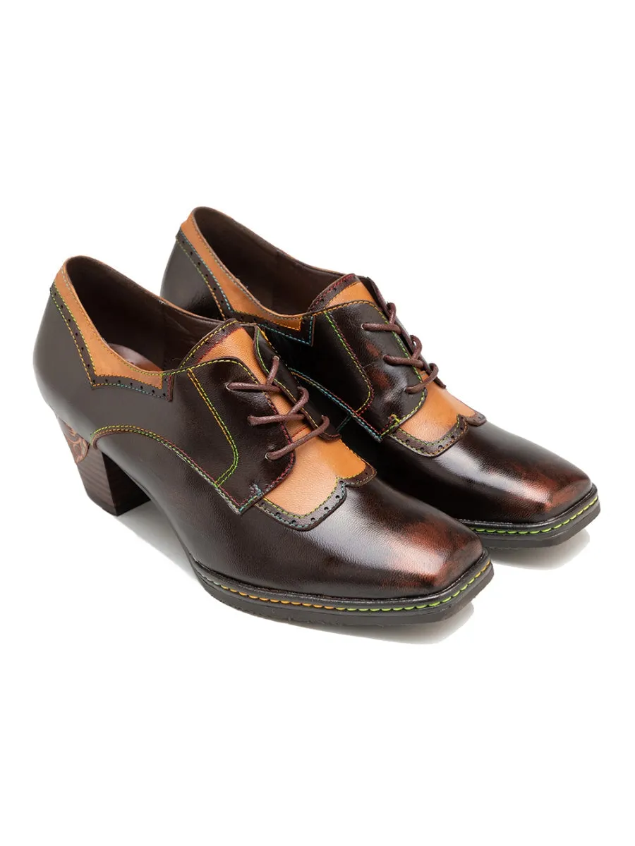 Genuine Leather Embossed Block Brogue-Detail Heel Oxford Shoes