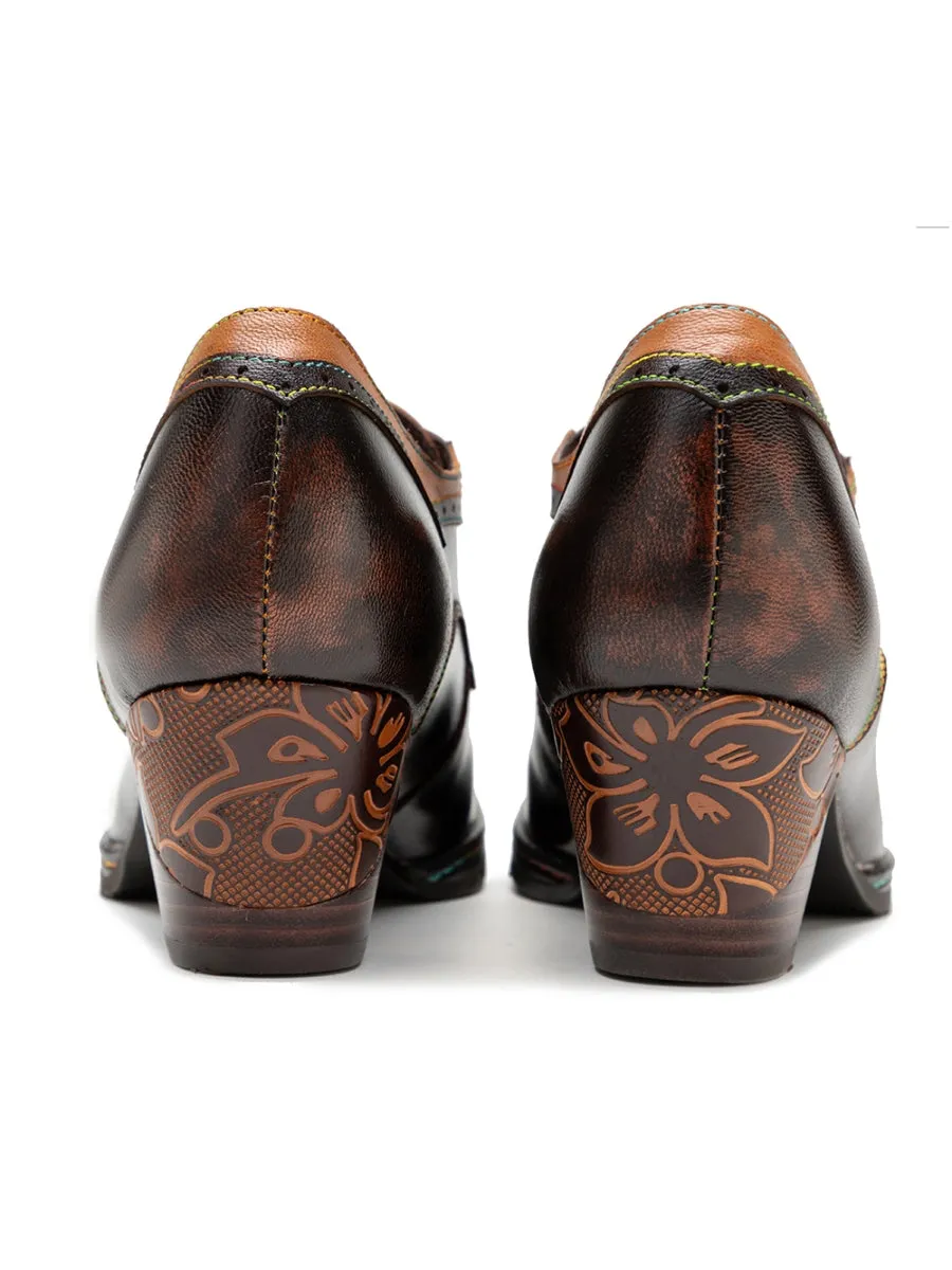 Genuine Leather Embossed Block Brogue-Detail Heel Oxford Shoes