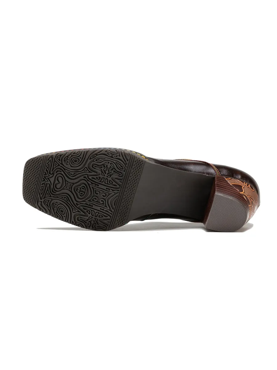 Genuine Leather Embossed Block Brogue-Detail Heel Oxford Shoes