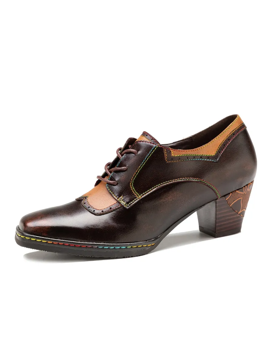 Genuine Leather Embossed Block Brogue-Detail Heel Oxford Shoes
