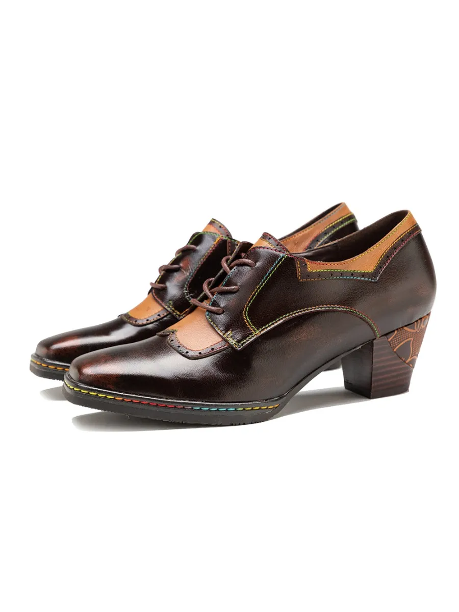 Genuine Leather Embossed Block Brogue-Detail Heel Oxford Shoes