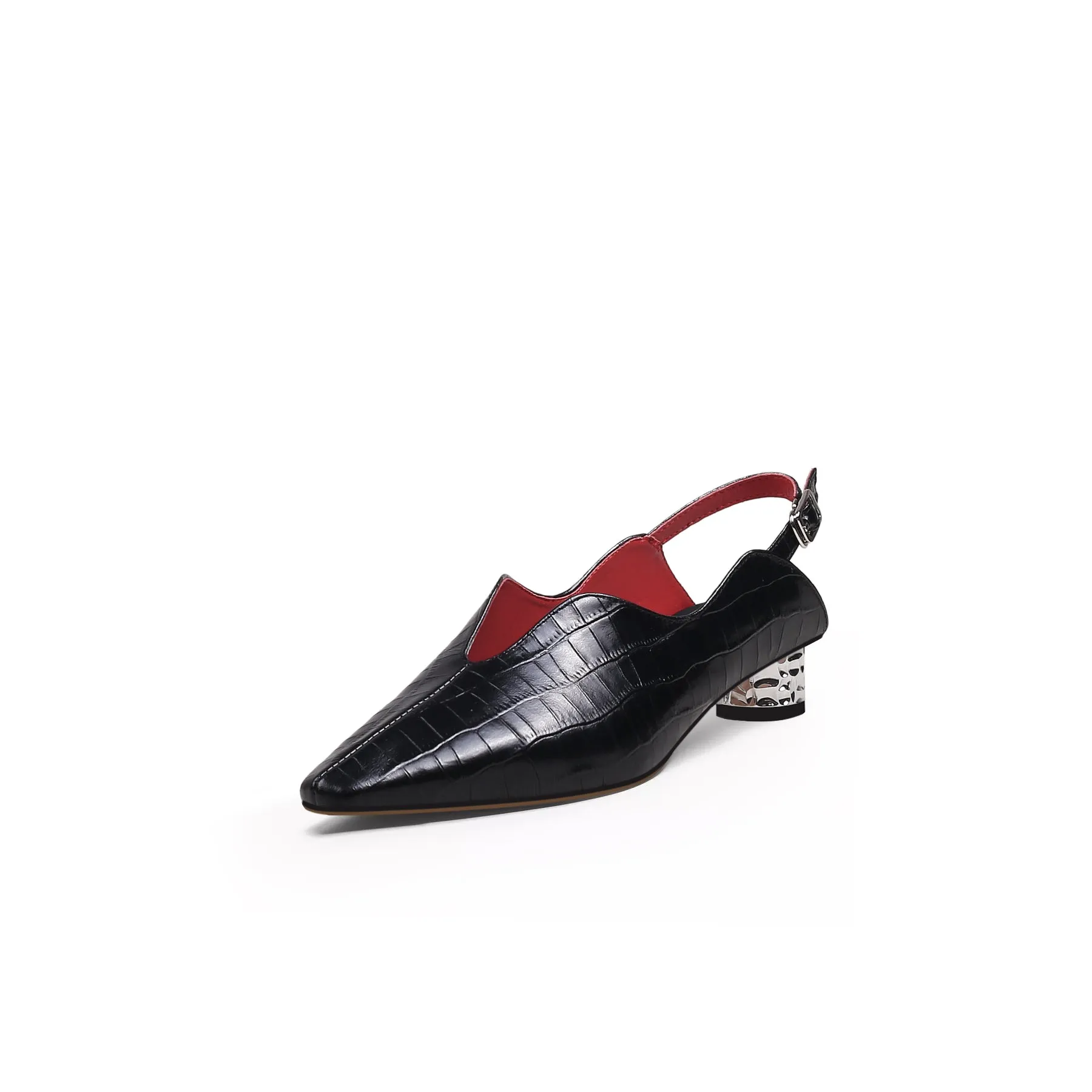 Genuine Leather Owen Powder Back Strap Detail Pointed Toe Heeled Pump