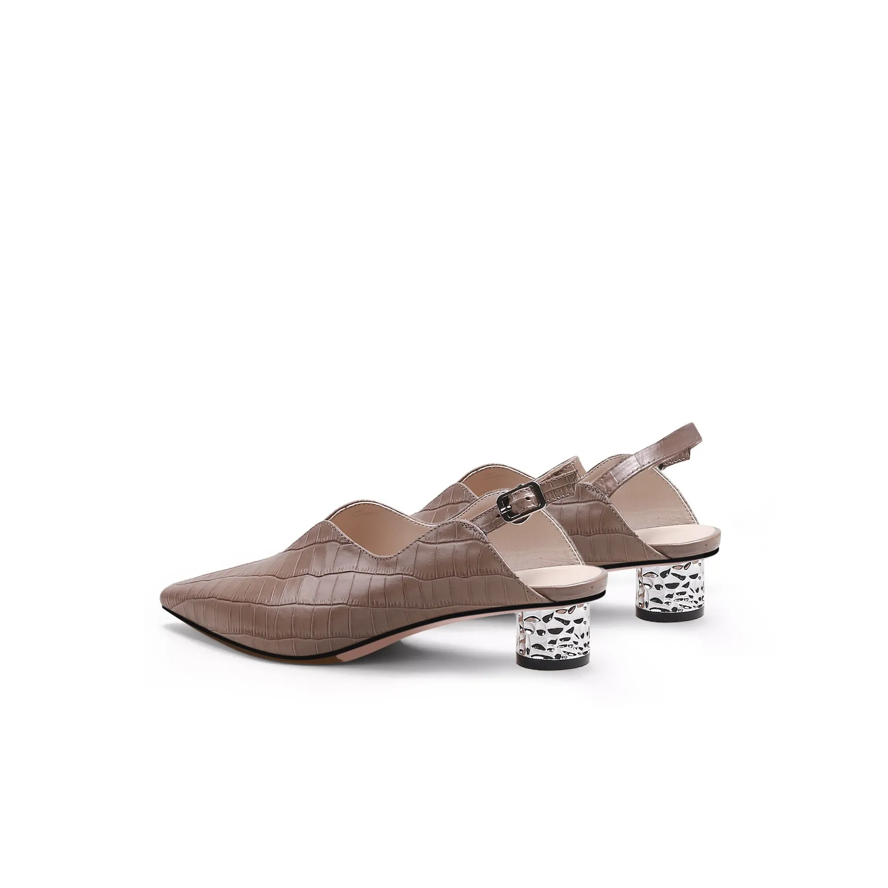 Genuine Leather Owen Powder Back Strap Detail Pointed Toe Heeled Pump