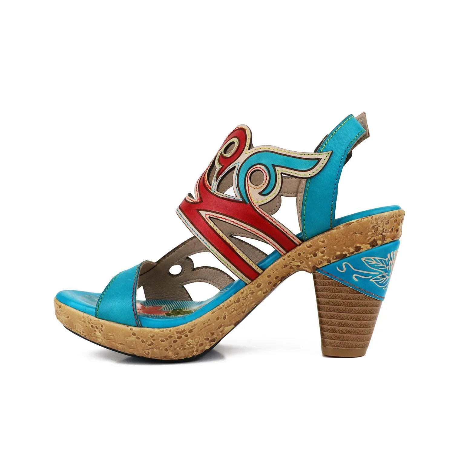 Genuine Leather Turquoise Swirl Cut Out Heel Sandals - Soffia