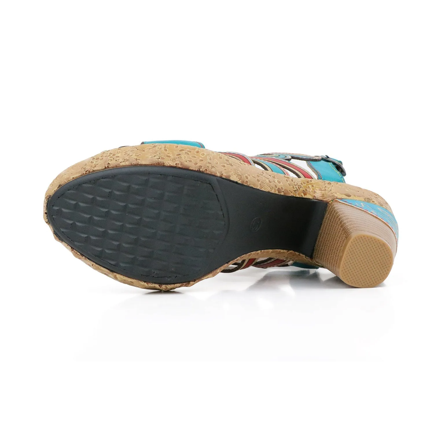Genuine Leather Turquoise Swirl Cut Out Heel Sandals - Soffia