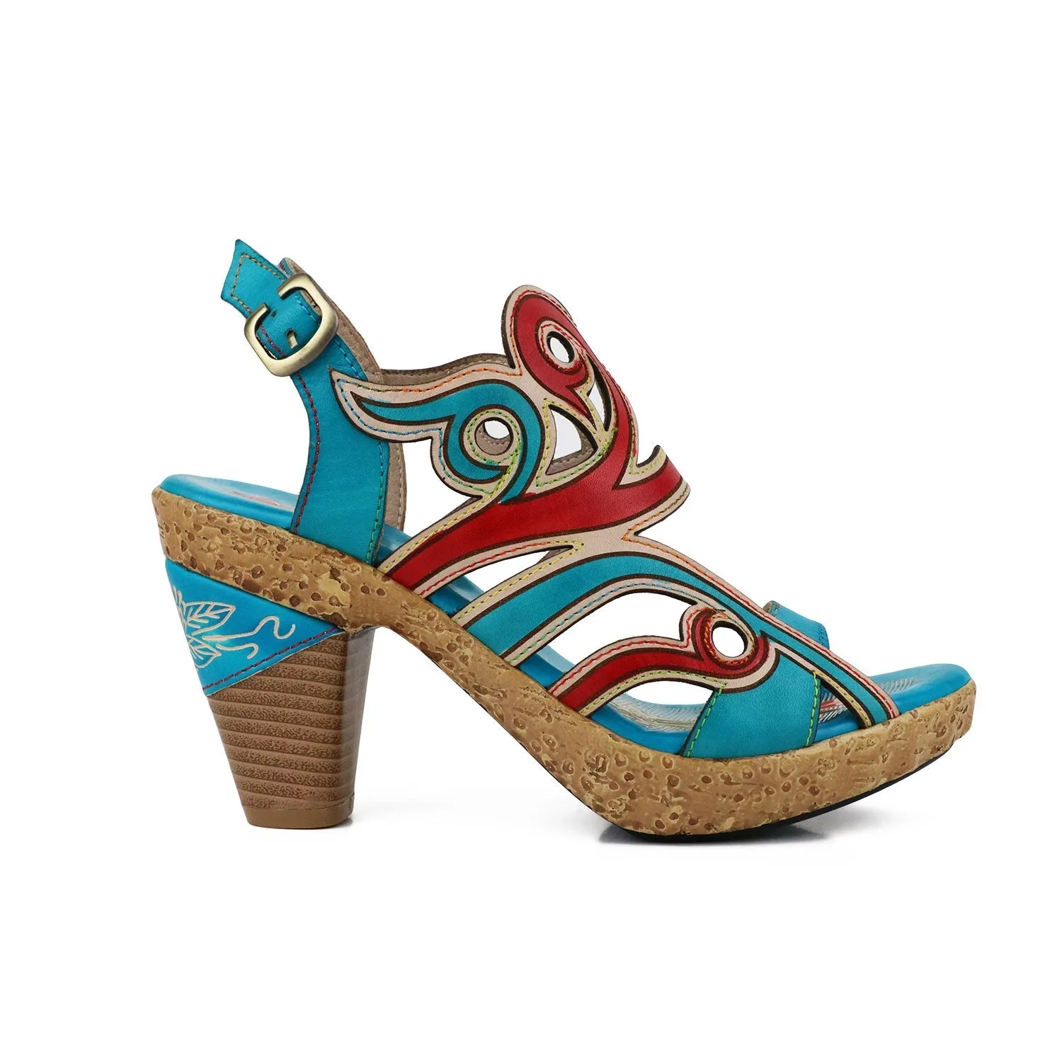 Genuine Leather Turquoise Swirl Cut Out Heel Sandals - Soffia