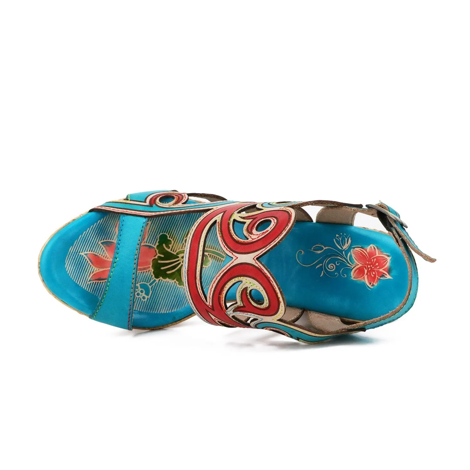 Genuine Leather Turquoise Swirl Cut Out Heel Sandals - Soffia