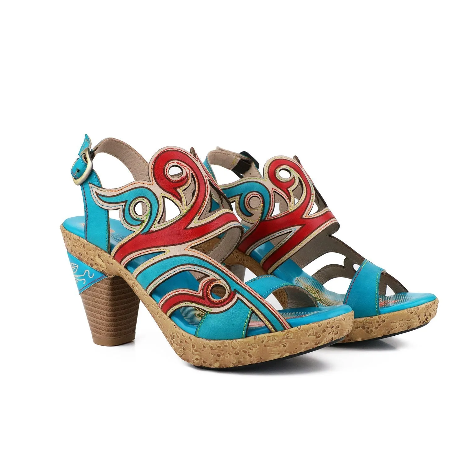 Genuine Leather Turquoise Swirl Cut Out Heel Sandals - Soffia