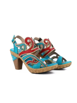 Genuine Leather Turquoise Swirl Cut Out Heel Sandals - Soffia