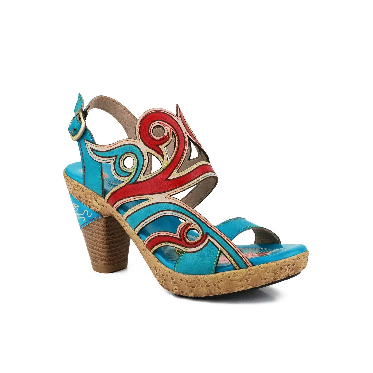 Genuine Leather Turquoise Swirl Cut Out Heel Sandals - Soffia