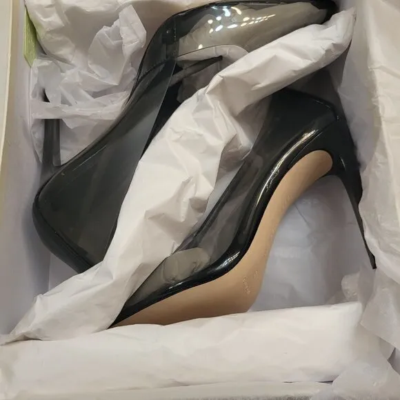 Good American Sz 8 Clear Smoke Black Cinder-F*cking-Rella Stilleto Pumps NWT