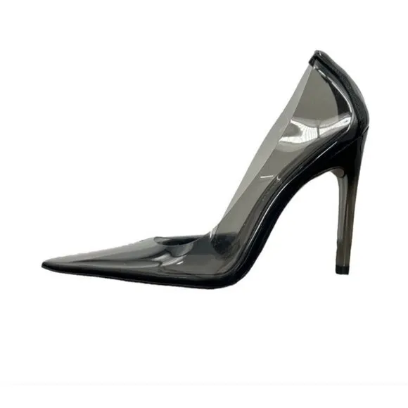 Good American Sz 8 Clear Smoke Black Cinder-F*cking-Rella Stilleto Pumps NWT