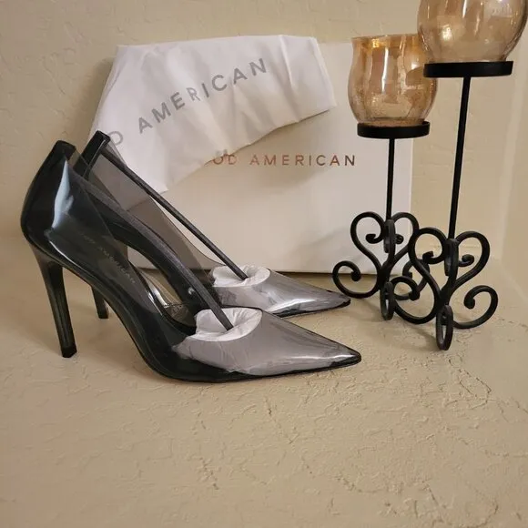 Good American Sz 8 Clear Smoke Black Cinder-F*cking-Rella Stilleto Pumps NWT