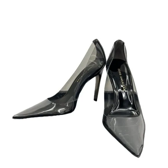 Good American Sz 8 Clear Smoke Black Cinder-F*cking-Rella Stilleto Pumps NWT