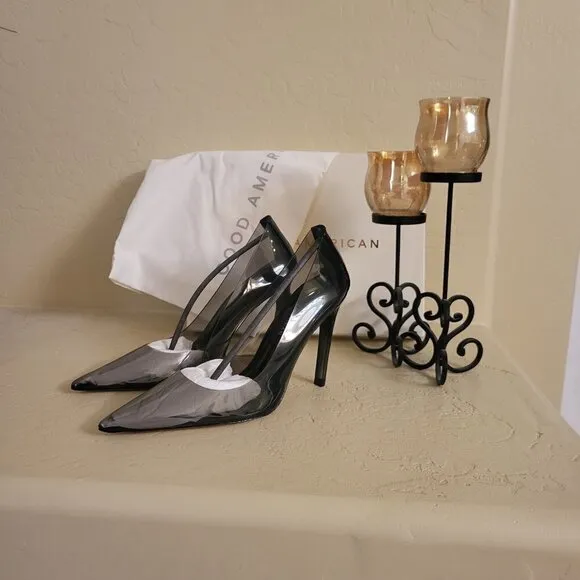 Good American Sz 8 Clear Smoke Black Cinder-F*cking-Rella Stilleto Pumps NWT