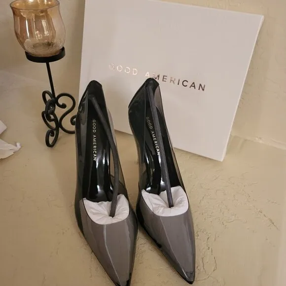 Good American Sz 8 Clear Smoke Black Cinder-F*cking-Rella Stilleto Pumps NWT