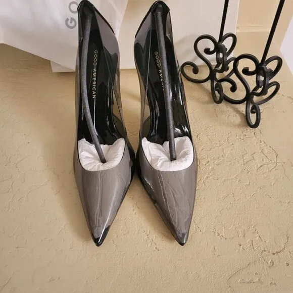 Good American Sz 8 Clear Smoke Black Cinder-F*cking-Rella Stilleto Pumps NWT