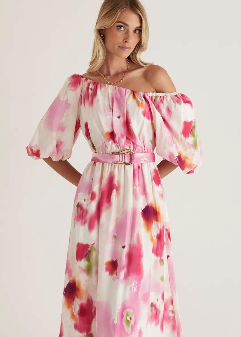 Halia Off Shoulder Midi Dress - Pink Watercolour