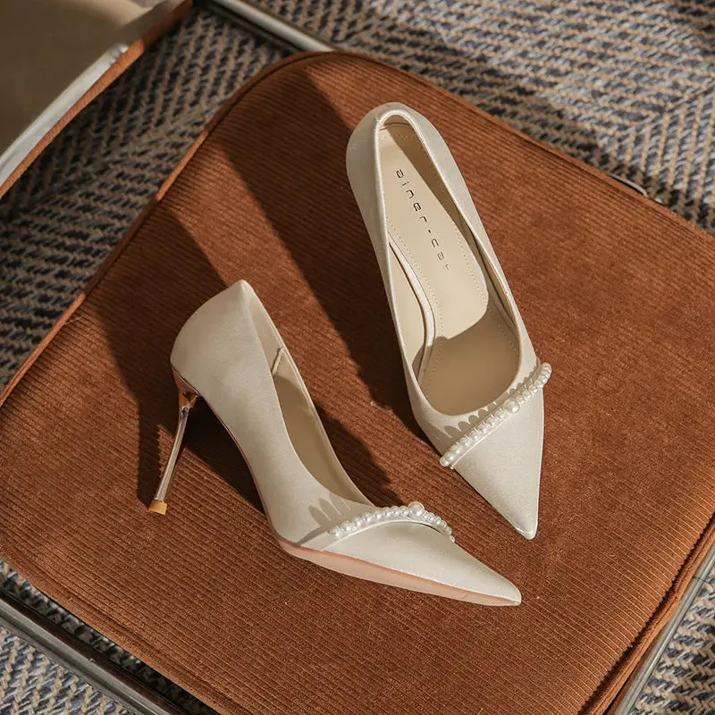 High Wedding Shoes French Pearls Pointed Toe Stiletto Heeled Shoes
