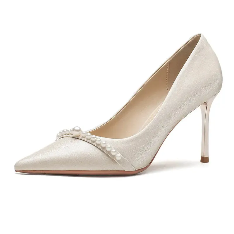 High Wedding Shoes French Pearls Pointed Toe Stiletto Heeled Shoes