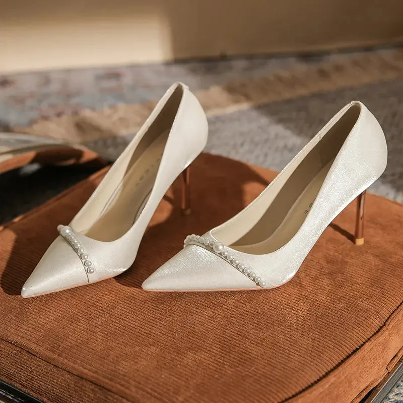 High Wedding Shoes French Pearls Pointed Toe Stiletto Heeled Shoes