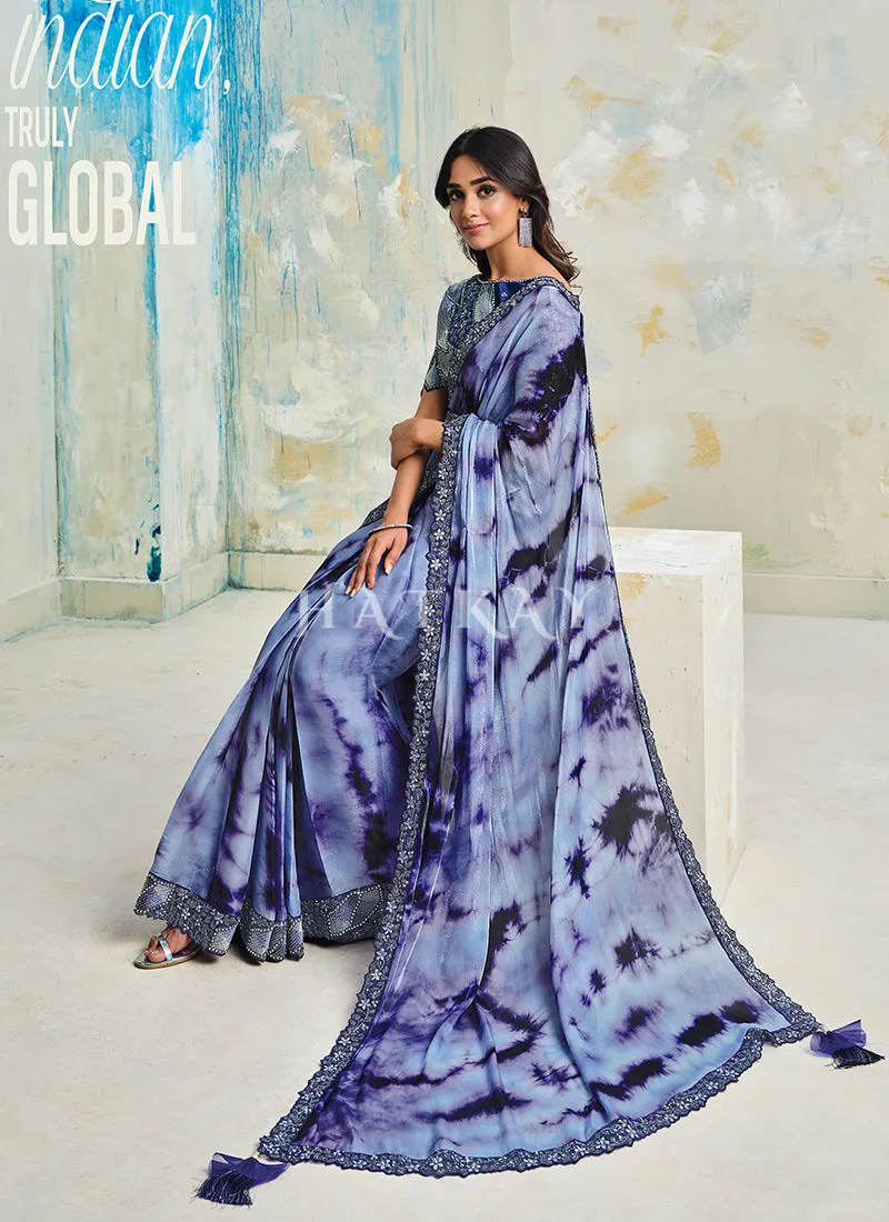 Ink Blue Embroidered Tie Dyed Designer Silk Saree