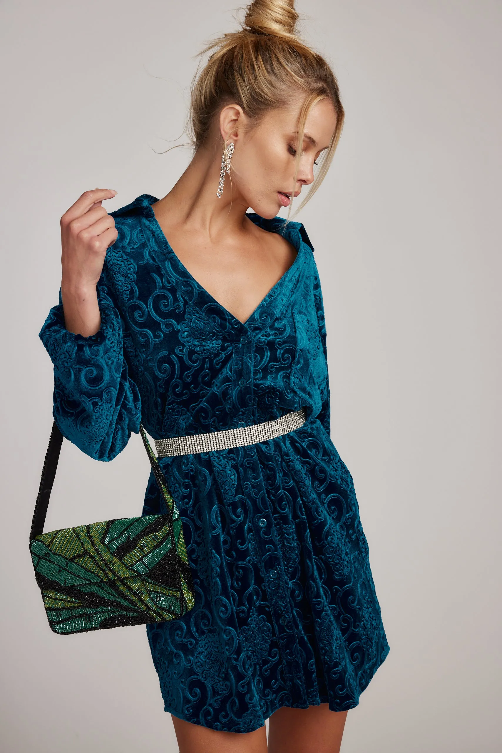 Kali Blue Long Sleeve Velvet Dress
