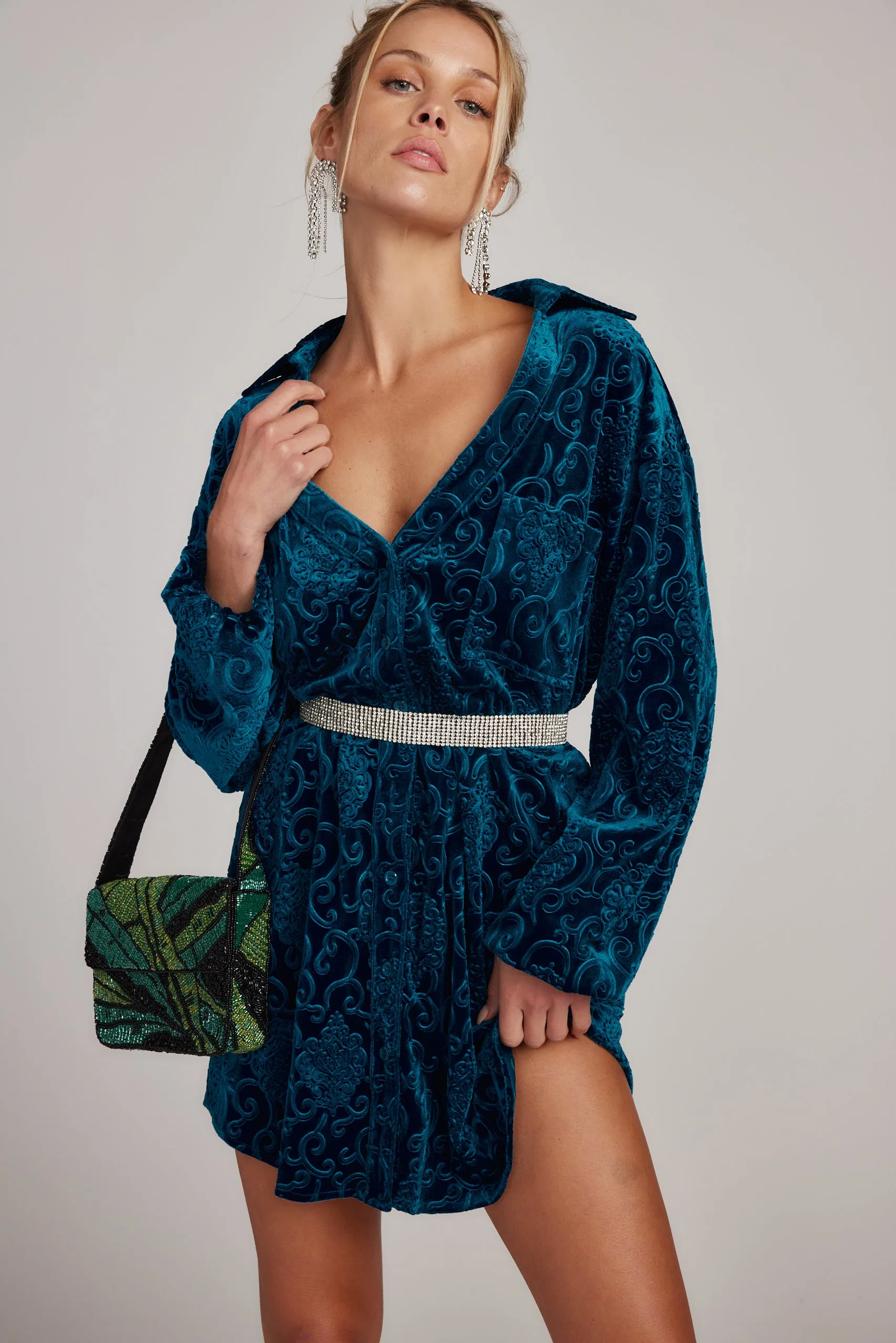 Kali Blue Long Sleeve Velvet Dress