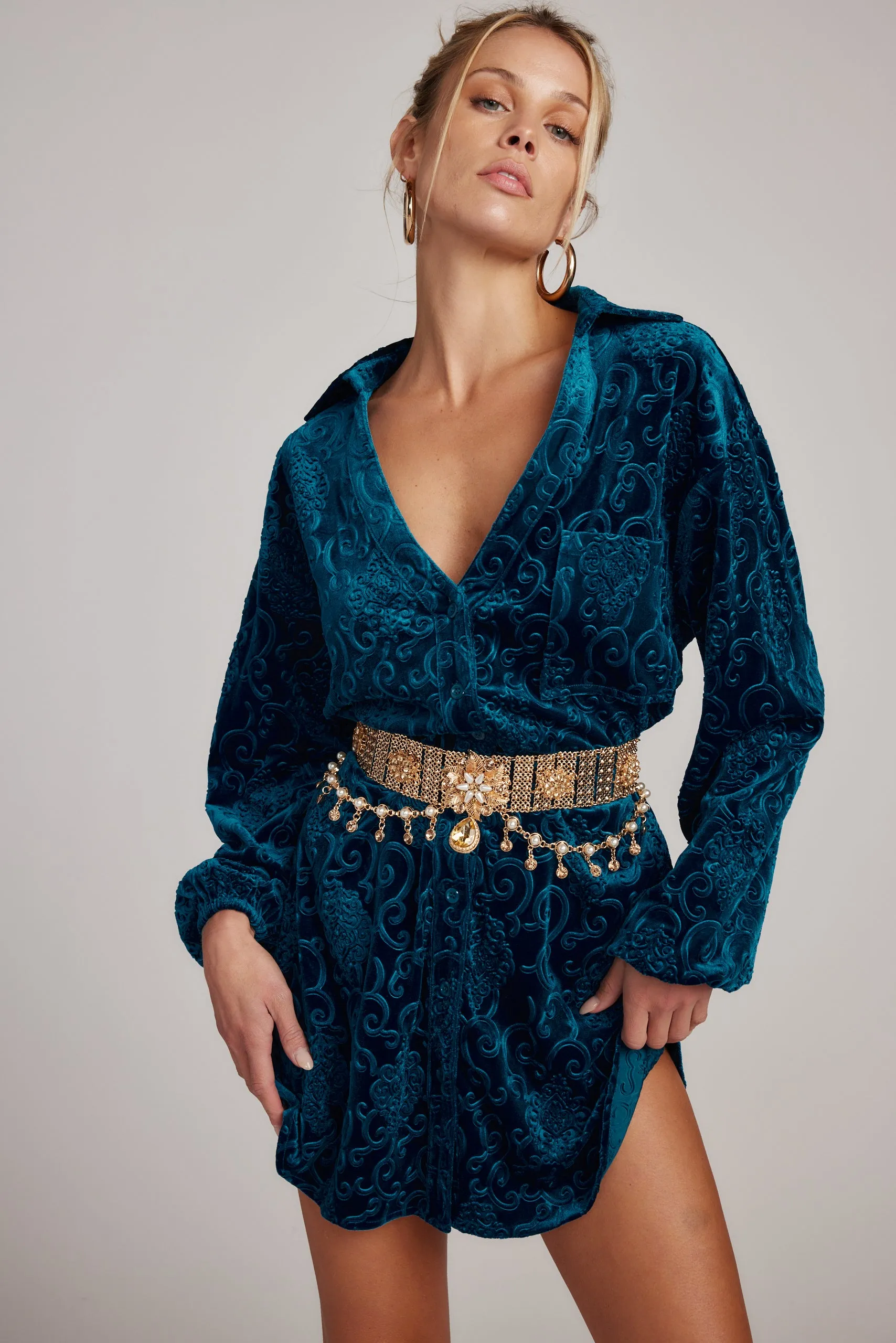 Kali Blue Long Sleeve Velvet Dress