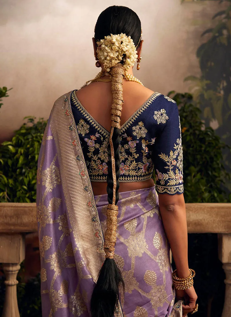 Lavender Multi Embroidered Traditional Silk Saree