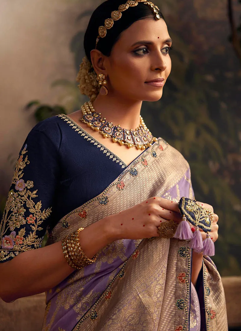 Lavender Multi Embroidered Traditional Silk Saree