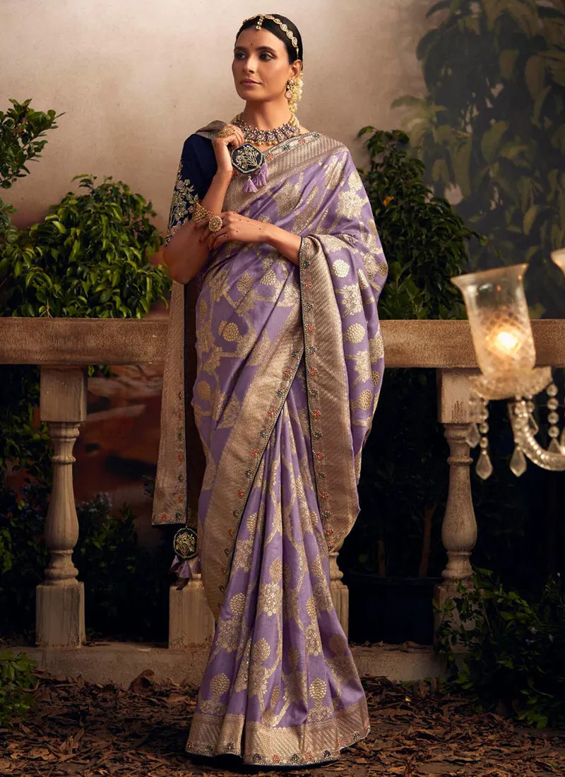Lavender Multi Embroidered Traditional Silk Saree