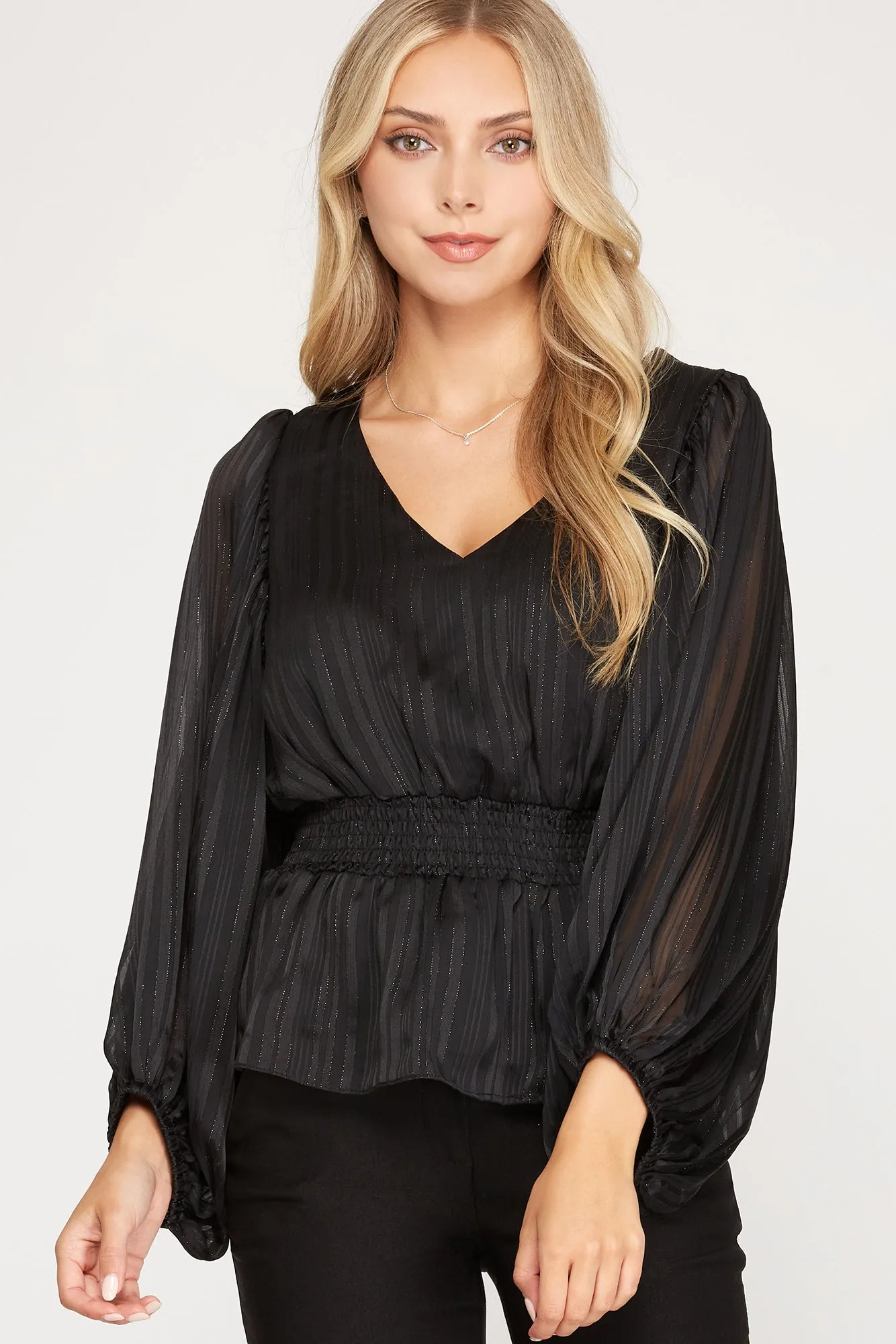 Long Sleeve Jacquard Smocked Top