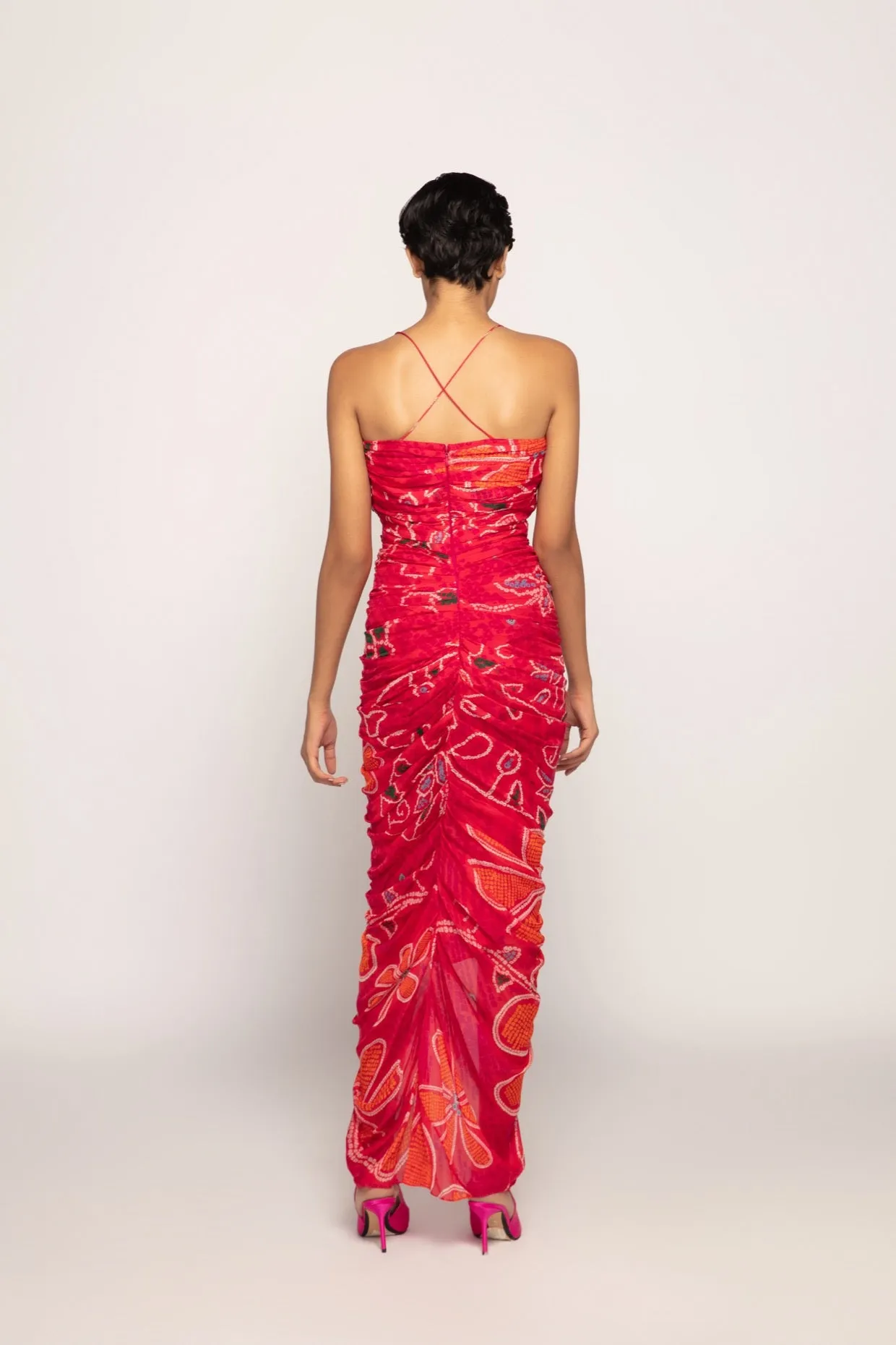 Marigold Bandhani Print Low Cut V Neck Dress With Pleats And Gather