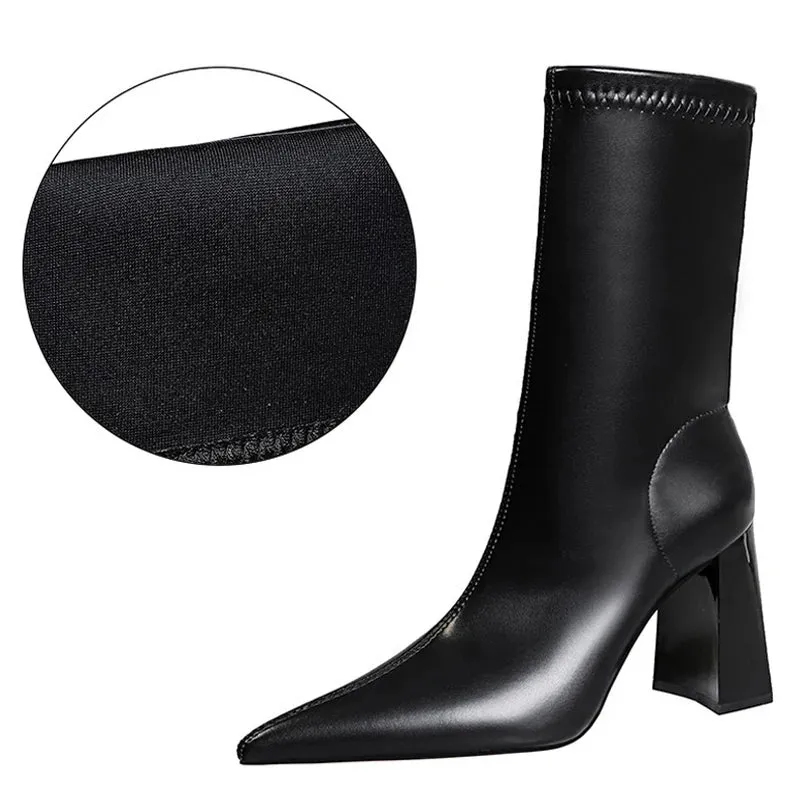 Mid-Calf Boots Chunky Block Heels Women Boots Pointed High-Heeled Boots Lady Pu Leather Boots Autumn Winter Shoes