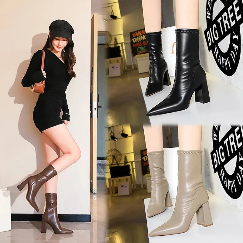Mid-Calf Boots Chunky Block Heels Women Boots Pointed High-Heeled Boots Lady Pu Leather Boots Autumn Winter Shoes