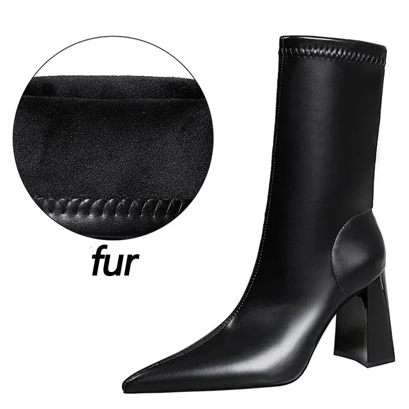 Mid-Calf Boots Chunky Block Heels Women Boots Pointed High-Heeled Boots Lady Pu Leather Boots Autumn Winter Shoes