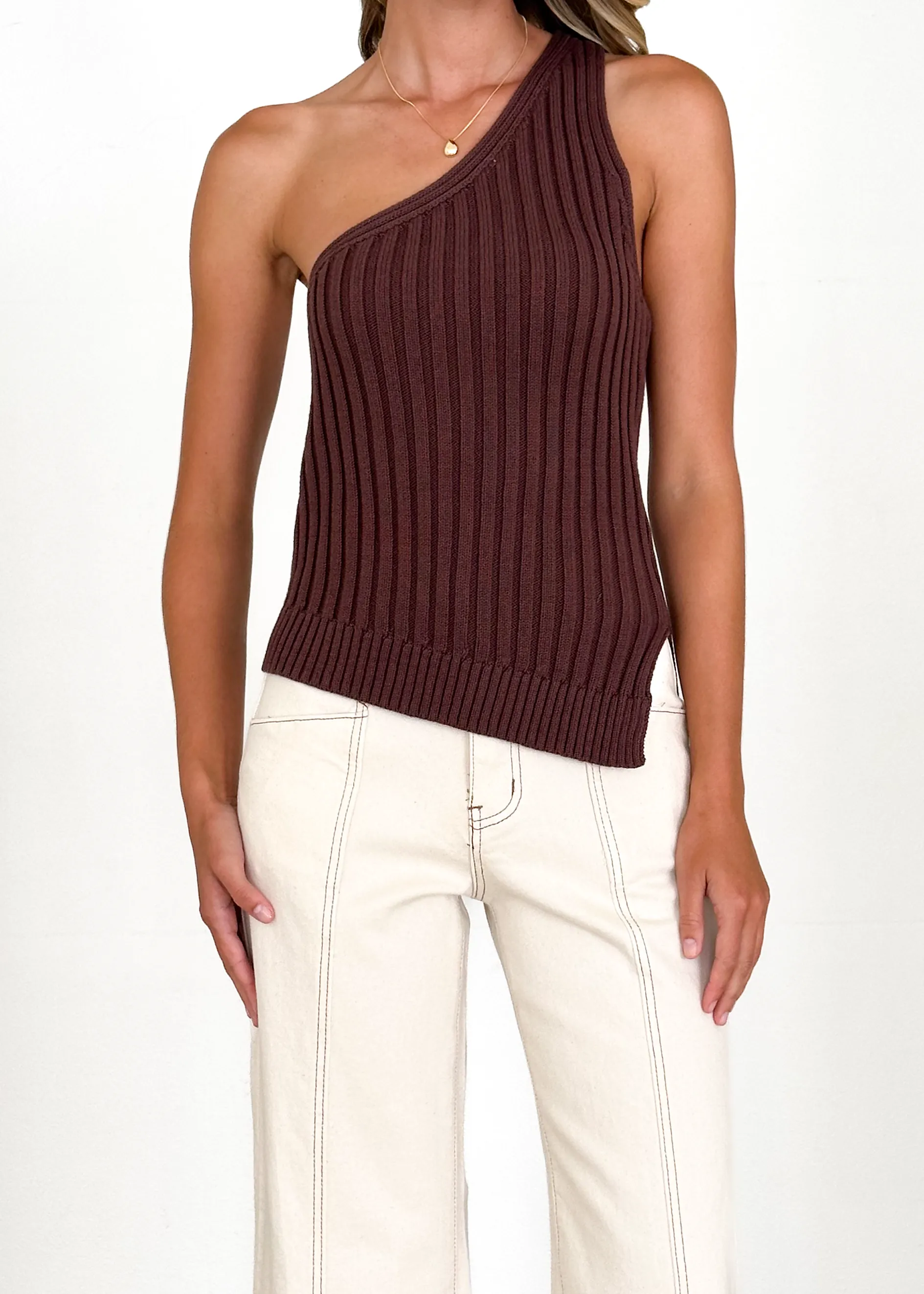 Natalee One Shoulder Knit Top - Chocolate