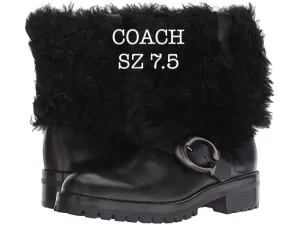 New Authentic Women's Genuine Leather & Shearling COACH Leighton Biker Boot in Black with signature buckle! Sz 7.5! Retails $495 