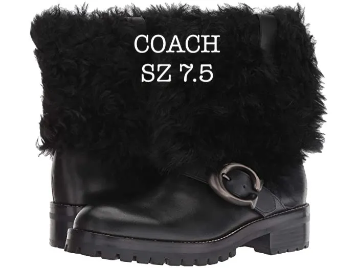 New Authentic Women's Genuine Leather & Shearling COACH Leighton Biker Boot in Black with signature buckle! Sz 7.5! Retails $495 