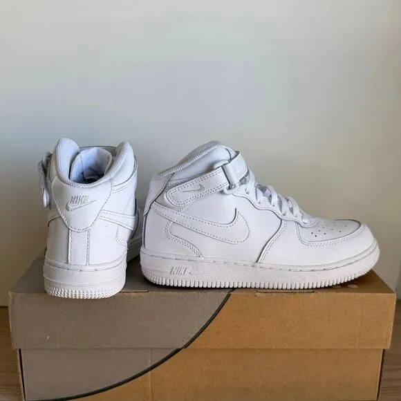 Nike Air Force 1 ‘Triple White’ Mid Top Kids Sneakers- SZ 2 Y