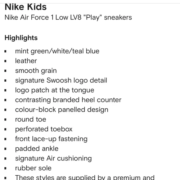 Nike Youth Air Force 1 Low LV8 “Play” Sneakers FJ4806-100 Size 3 Mint Green