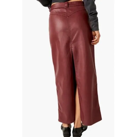 NWT Free People City Slicker Faux Vegan Leather‎ Maxi Skirt in Red Jasper