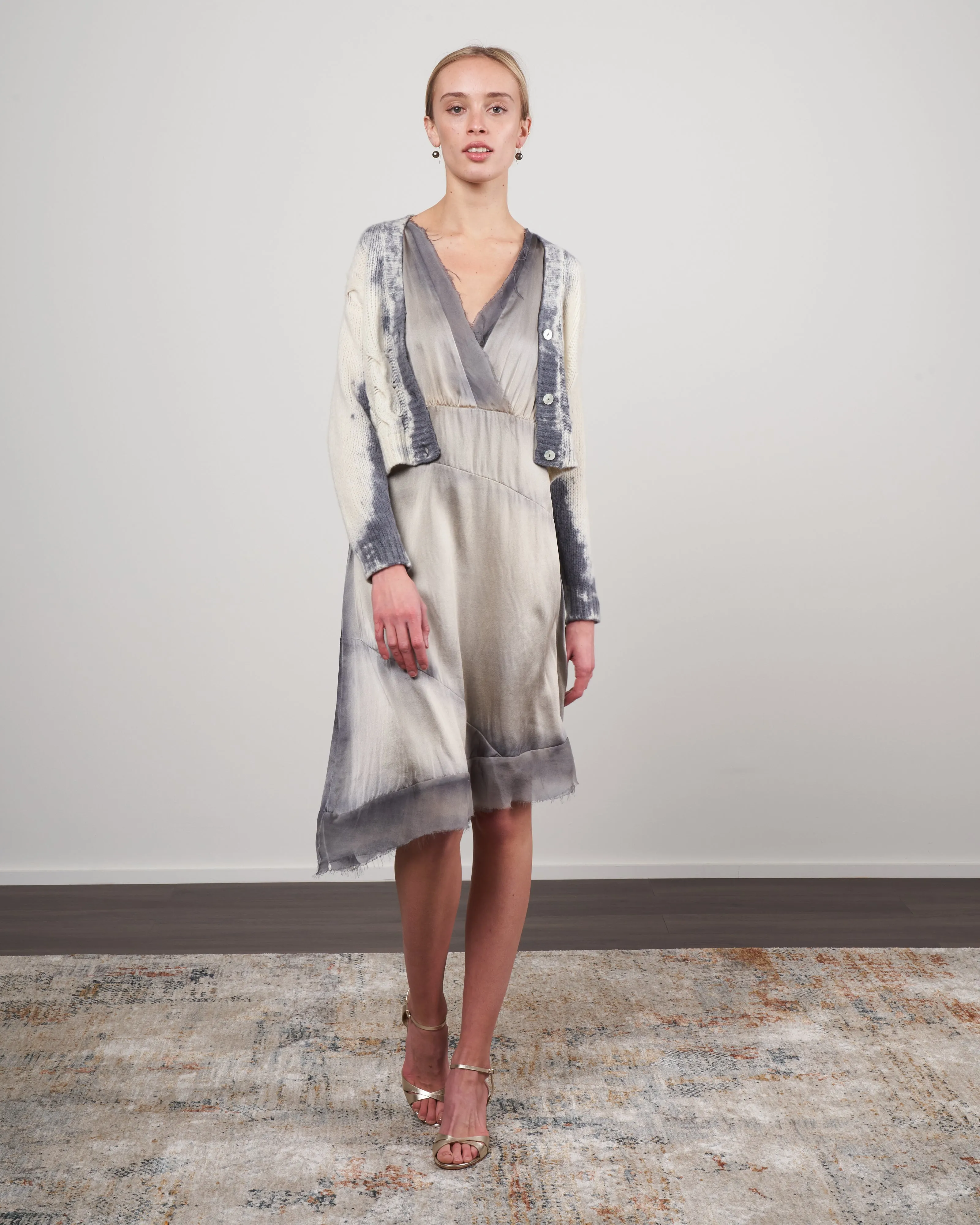 one color stain v neck cardigan with braids - ghiaccio