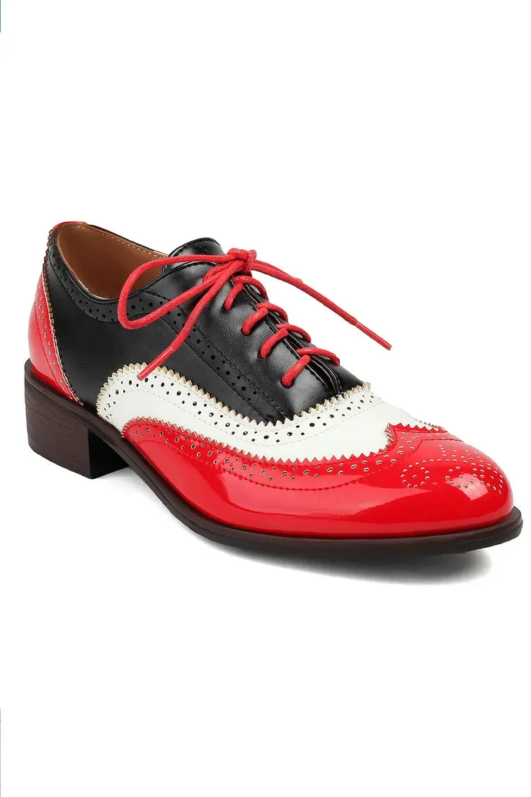 Oxfords Brogue con Lacci a Tacco Basso e Punta Rotonda Colorblock